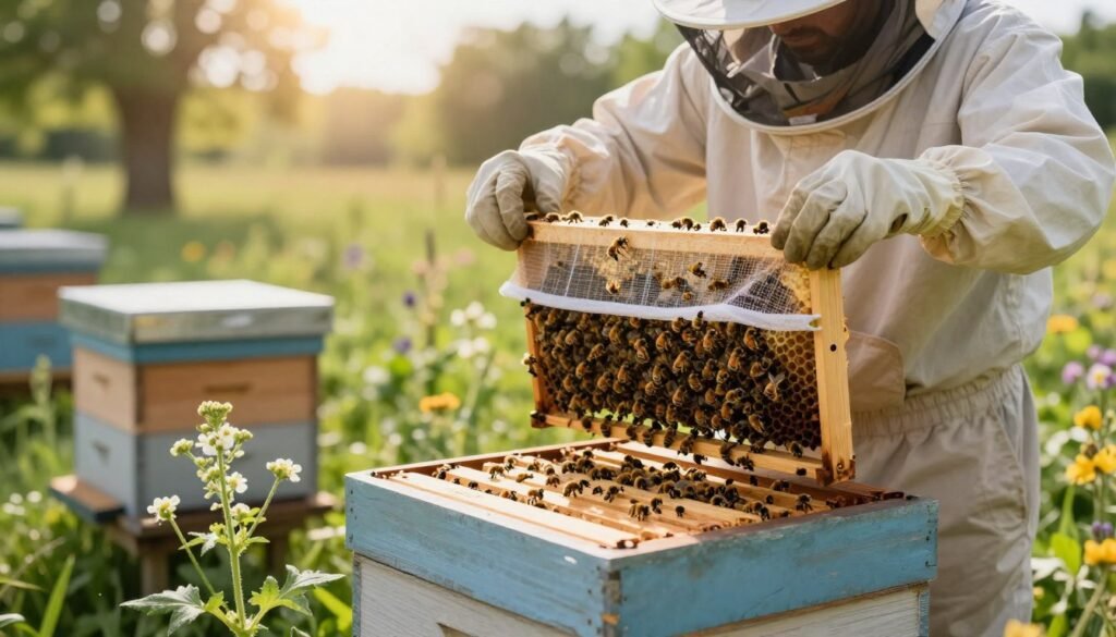 A serene outdoor scene depicting a well-maintained beehive in the foreground, showcasing vibrant bees busily working around flowered plants. In the middle ground, a beekeeper in professional attire is installing a top feeder, demonstrating protective measures, such as a mesh cover to prevent robbing. The background features a lush landscape with sunlight filtering through trees, casting a warm glow on the hive. The atmosphere is calm and focused, emphasizing the importance of safeguarding the bees from potential threats. Soft focus on the bees and hive details, using natural lighting to enhance the colors and textures. Capture the essence of diligence and care in beekeeping, illustrating the tips for preventing robbing and contamination effectively.