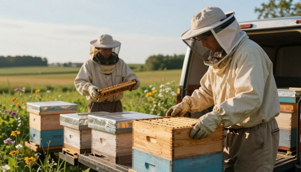A serene outdoor scene depicting best practices for loading hives in migratory beekeeping. In the foreground, a person dressed in modest beekeeping attire carefully places a wooden beehive onto a truck bed, with a few additional hives stacked nearby. In the middle ground, a second person observes, equipped with protective gear, ensuring the safety of the bees, surrounded by flowers and greenery. The background features a soft-focus landscape of fields and trees under a bright blue sky, suggesting a peaceful environment. The lighting is warm and natural, capturing the golden hour glow, creating a calm and focused atmosphere. The angle is slightly elevated, showcasing the loading process while emphasizing the importance of gentle handling.