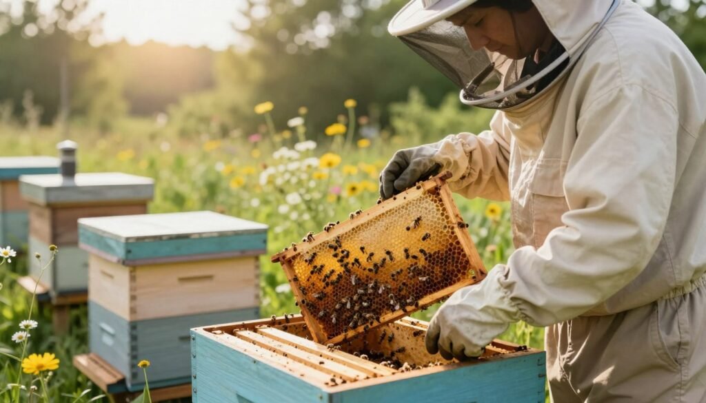 A serene outdoor scene depicting post-installation care for a beehive. In the foreground, a beekeeper dressed in a light-colored protective suit and veil, wearing gloves, gently inspects the frames of a newly transferred hive, showcasing the vibrant, organized structure of honeycomb filled with bees. The middle ground features a well-maintained full hive box set against a backdrop of blooming wildflowers and greenery, hinting at a thriving ecosystem. In the background, soft sunlight filters through trees, creating a warm, inviting atmosphere. The composition utilizes a slight low angle to emphasize the hive and beekeeper, with a focus on details like bees at work and tools like a smoker and hive tool within reach. The overall mood is peaceful and nurturing, highlighting the importance of care and monitoring in beekeeping.