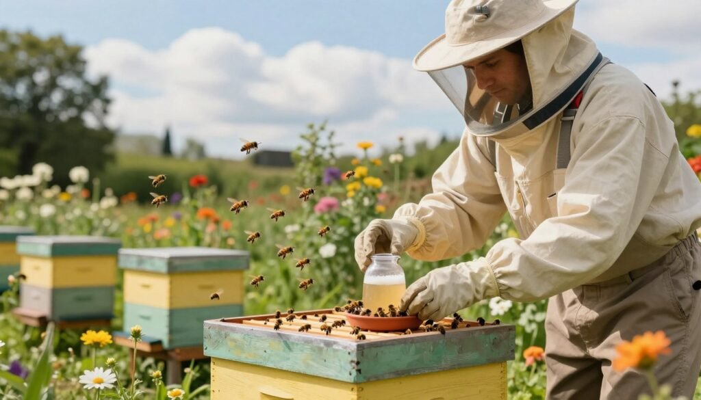 A serene outdoor scene depicting post-installation feeding of package bees in a sunny garden. In the foreground, a beekeeper dressed in professional attire wears protective gear while gently placing a sugar syrup feeder near a beehive. The beehive, painted in soft hues of yellow and green, is surrounded by blooming flowers and lush greenery, showcasing nature's vibrancy. In the middle ground, bees are actively flying around, some investigating the feeder while others return to the hive. The background features a clear blue sky with fluffy white clouds, enhancing the peaceful atmosphere. Soft, warm lighting highlights the scene, creating a sense of tranquility and care in the bee-friendly environment. The angle captures the beekeeper's focused attention on the bees, evoking a mood of diligence and nurturing.