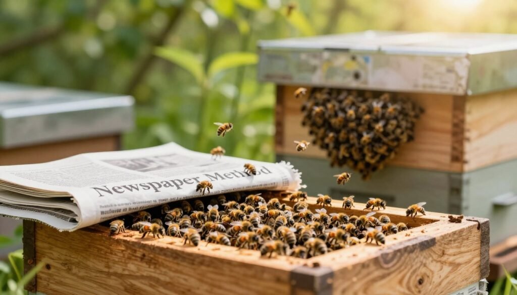 A serene outdoor scene depicting the "Newspaper Method" for integrating bee colonies. In the foreground, a close-up of a queenless bee colony on a wooden hive. The bees are actively clustering around the entrance, with small pieces of newspaper visible, partially covering the entrance to facilitate gradual integration. In the middle ground, another hive looms with vibrant bees buzzing around, displaying a mix of colors. The background is filled with lush, green foliage and soft sunlight filtering through the leaves, creating a warm and inviting atmosphere. Use a soft focus effect to highlight the bees while keeping the hives and natural environment in clear view. The overall mood should be harmonious and peaceful, reflecting the delicate nature of beekeeping and colony integration.