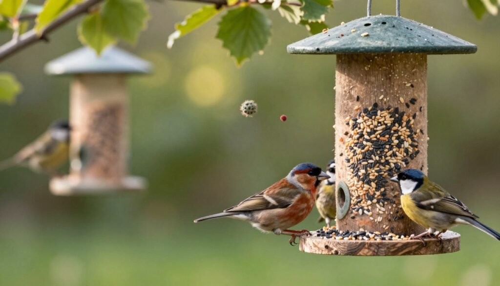 A serene outdoor scene depicting various wildlife at bird feeders, showcasing the delicate balance of nature. In the foreground, vibrant colorful birds like finches and sparrows are gathering at a rustic wooden feeder, surrounded by seeds and scattered crumbs. The middle ground features subtle hints of disease pathogens, like tiny microscopic shapes symbolizing bacteria and viruses, blending into the setting to emphasize their impact. In the background, lush green trees and soft sunlight filtering through the leaves create a tranquil atmosphere. The lighting is warm and inviting, enhancing the richness of the colors. The angle is slightly low, giving prominence to the birds and feeders, while maintaining an overall peaceful vibe, illustrating the hidden dangers in this natural habitat.