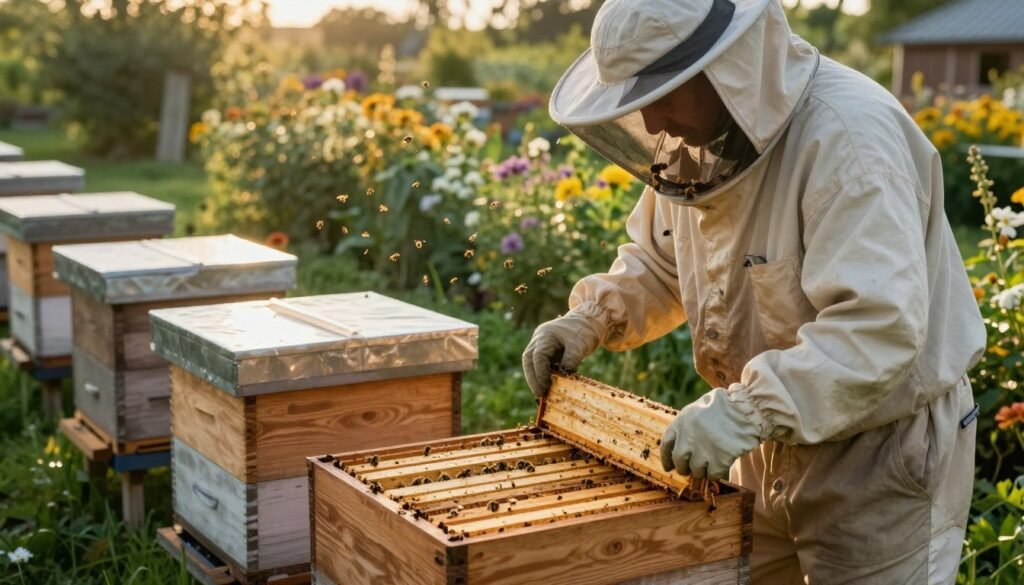 A serene outdoor scene featuring a beekeeper performing screen maintenance on beehives during the late afternoon. In the foreground, the beekeeper, dressed in protective gear and a light-colored suit, carefully inspects a wooden screen, ensuring it fits securely into the hive. The middle ground showcases several beehives arranged neatly, with sunlight glinting off the wooden surfaces, highlighting their natural grain. In the background, a lush garden filled with blooming flowers attracts bees, creating a sense of harmony with nature. The ambiance is calm and focused, with soft, warm lighting casting gentle shadows, evoking a sense of diligence in seasonal preparation. The image captures the essence of care and maintenance essential for effective beehive protection. A serene outdoor scene featuring a beekeeper performing screen maintenance on beehives during the late afternoon. In the foreground, the beekeeper, dressed in protective gear and a light-colored suit, carefully inspects a wooden screen, ensuring it fits securely into the hive. The middle ground showcases several beehives arranged neatly, with sunlight glinting off the wooden surfaces, highlighting their natural grain. In the background, a lush garden filled with blooming flowers attracts bees, creating a sense of harmony with nature. The ambiance is calm and focused, with soft, warm lighting casting gentle shadows, evoking a sense of diligence in seasonal preparation. The image captures the essence of care and maintenance essential for effective beehive protection.