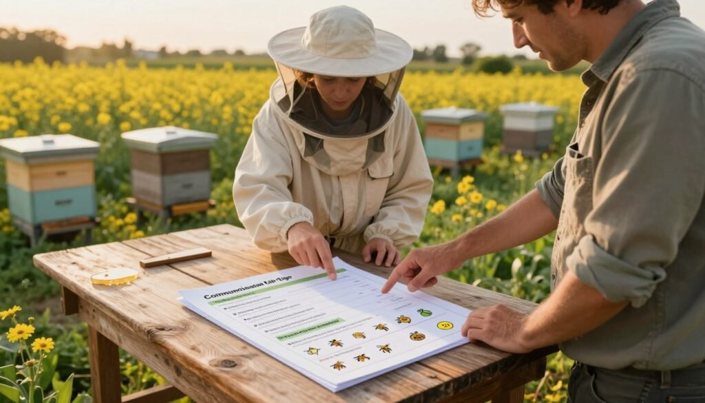 A serene outdoor scene featuring a detailed checklist for beekeepers and growers, neatly arranged on a rustic wooden table. In the foreground, the checklist includes categories such as communication tips, pollination schedules, and best practices for hive placement, all visually represented with relevant icons. The middle ground showcases a beekeeper in professional attire, actively discussing with a grower, dressed in modest casual clothing, pointing at the checklist. The background reveals vibrant flowering crops under soft, golden hour lighting, with a few honeybee hives positioned nearby. The atmosphere is collaborative and focused, evoking a sense of partnership in agriculture and pollination efforts. Capture this scene with a slightly elevated angle to emphasize both individuals and their checklist against the idyllic backdrop.