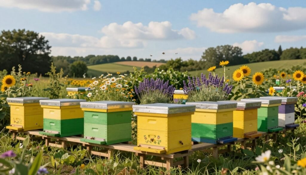 A serene outdoor scene featuring a well-organized new apiary location, showcasing multiple beehives arranged neatly on wooden stands in the foreground. The beehives are painted in vibrant colors of yellow and green, with some adorned with decorative floral patterns to attract bees. In the middle ground, a lush garden filled with blooming wildflowers and a variety of plants, such as lavender and sunflowers, attracts pollinators. The background includes a gently rolling landscape of trees and a bright blue sky dotted with fluffy white clouds. The lighting is warm and inviting, illuminating the scene during golden hour. The image conveys a sense of calm and harmony, emphasizing the importance of a well-planned apiary for successful migratory pollination.