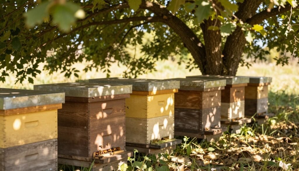 A serene outdoor scene featuring beehives nestled under a large, leafy tree providing ample shade. In the foreground, a few honey bees are seen bearding on the hive entrance, showcasing their natural behavior. The middle ground highlights the beehives made of wood, painted in muted tones of brown and yellow, with some gentle bees buzzing around. In the background, sunlight filters through the tree branches, creating dappled patterns on the ground, enhancing the peaceful atmosphere. The scene captures a warm, inviting mood with soft, golden-hour lighting. The angle is slightly elevated, giving a clear view of the hive area while emphasizing the protective shade of the tree.