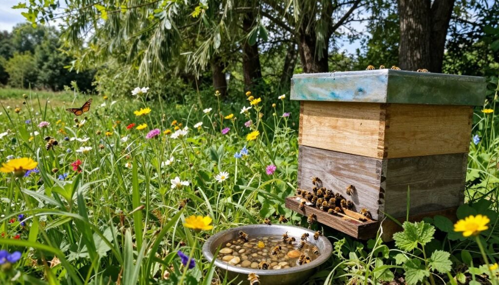 A serene outdoor scene focusing on a beehive, surrounded by lush greenery. In the foreground, the hive is active with bees buzzing around it, some clustering around the entrance while others explore nearby flowers. In the middle, a shallow water source is thoughtfully placed, such as a small dish filled with pebbles and water, inviting bees to drink. Around the hive, vibrant wildflowers bloom, adding color to the environment, and a few butterflies can be seen fluttering nearby. The background features tall trees gently swaying in a soft breeze, with dappled sunlight filtering through the leaves, creating a warm, peaceful atmosphere. The angle is slightly elevated, giving a broad view of the scene, capturing the harmony of nature and the importance of water for bees.