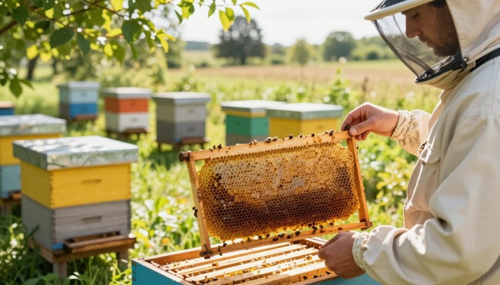 A serene outdoor scene focusing on a beekeeper in professional attire, carefully examining wooden hive frames. In the foreground, the beekeeper holds a frame filled with healthy comb, showcasing intricate hexagonal cells, glistening with honey. The middle ground features an array of well-maintained wooden hives, their vibrant colors contrasting with the lush greenery surrounding them. A gentle sun filters through the leaves, casting soft, dappled light onto the scene, creating an atmosphere of diligence and care. In the background, distant trees provide a natural backdrop, enhancing the tranquil setting. The composition conveys a sense of focus on maintaining the health of the frames and comb, highlighting the importance of proper hive management. A serene outdoor scene focusing on a beekeeper in professional attire, carefully examining wooden hive frames. In the foreground, the beekeeper holds a frame filled with healthy comb, showcasing intricate hexagonal cells, glistening with honey. The middle ground features an array of well-maintained wooden hives, their vibrant colors contrasting with the lush greenery surrounding them. A gentle sun filters through the leaves, casting soft, dappled light onto the scene, creating an atmosphere of diligence and care. In the background, distant trees provide a natural backdrop, enhancing the tranquil setting. The composition conveys a sense of focus on maintaining the health of the frames and comb, highlighting the importance of proper hive management.