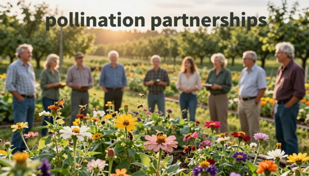 A serene outdoor scene illustrating the concept of "pollination partnerships." In the foreground, a diverse group of farmers in professional attire are observing a colorful garden with a variety of flowering plants, buzzed around by bees and butterflies, symbolizing the importance of pollinators. The middle ground showcases vibrant blooms with clear details on petals and pollen, while bees delicately gather nectar. In the background, a sunlit orchard stretches into the distance, bathed in warm, golden morning light, emphasizing a sense of growth and harmony. The atmosphere is peaceful and positive, conveying collaboration and sustainable agricultural practices. Shot with a wide-angle lens to capture the landscape's breadth and depth, focusing on the connection between farmers and nature.