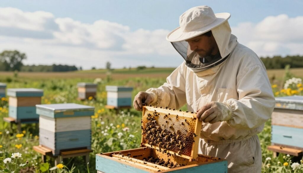 A serene outdoor scene showcasing a beekeeper in professional attire carefully managing a thriving honey bee colony within a hive. In the foreground, the beekeeper, wearing a protective suit and veil, attentively inspects a frame filled with bees and honeycomb, with sunlight gently illuminating the scene, creating a warm glow. In the middle ground, several hives are neatly arranged, surrounded by lush greenery and blooming flowers, emphasizing a vibrant ecosystem. The background features a clear blue sky with soft, fluffy clouds, enhancing the calm atmosphere. The image conveys a sense of harmony and diligence in beekeeping, highlighting the importance of effectively managing the bee colony after a transfer. The overall mood is peaceful and focused, reflecting the commitment of the beekeeper to nurturing the hive.