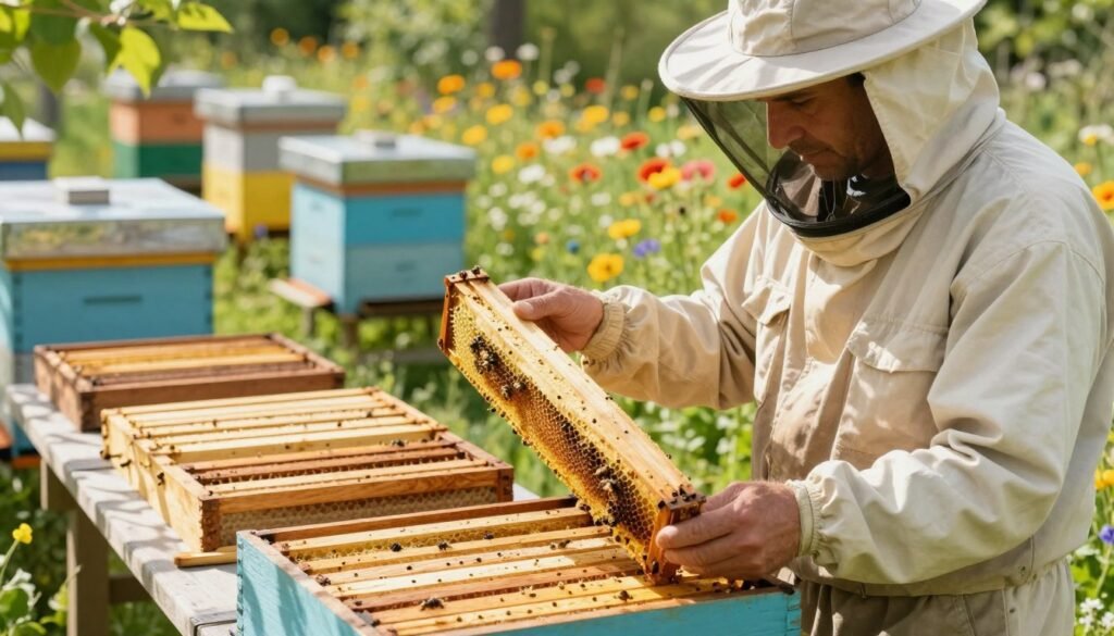 A serene outdoor scene showcasing a professional beekeeping expert selecting slatted racks for a honey bee hive. In the foreground, focus on the expert, dressed in modest, protective beekeeping attire, examining a sturdy slatted rack with intricate wooden slats. The middle ground features an array of different rack designs laid out on a wooden table, with sunlight filtering through green foliage, casting dappled shadows. In the background, vibrant bee hives are visible, surrounded by colorful wildflowers, evoking a warm summer atmosphere. Capture the expert’s contemplative expression as they assess the racks, ensuring a focus on the importance of choosing the right one for effective hive management. The image should have soft, natural lighting and a slightly blurred background to emphasize the foreground elements.