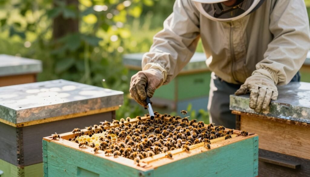 A serene outdoor scene showcasing the benefits of using nucleus colonies for requeening. In the foreground, display a vibrant, well-organized nucleus colony hive filled with bees actively working, emphasizing their roles in sustaining healthy queen dynamics. In the middle ground, include a beekeeper in modest casual clothing, carefully inspecting the nuc hive with a tool in hand, showcasing their expertise and care for the bees. The background should feature lush greenery, with soft sunlight filtering through the leaves, creating a warm and inviting atmosphere. Capture the scene from a slightly elevated angle, giving a broad perspective of the thriving nuc. The mood should convey a sense of harmony and prosperity in beekeeping practices. Focus on natural colors and textures to highlight the vitality of the nucleus colony.