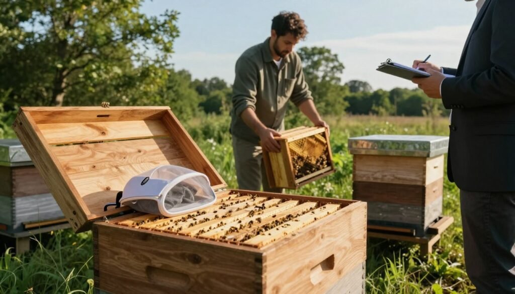 A serene outdoor scene showcasing the logistics of transporting and installing a bee colony. In the foreground, a sturdy wooden crate is open, revealing a neatly organized set of bee hives and equipment, including frames and protective gear. In the middle ground, a professional in modest casual clothing carefully unloads another crate with additional hives, while a second person, also in business attire, takes notes on a clipboard. The background features lush greenery and a clear blue sky, hinting at a late afternoon setting with warm sunlight filtering through the trees, creating a peaceful and productive atmosphere. The angle is slightly elevated, providing a comprehensive view of the hive setup and transport process. Soft shadows enhance the depth and realism of the scene.