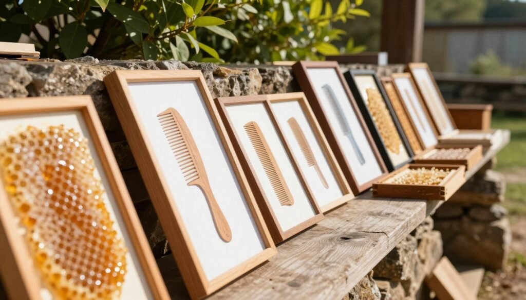 A serene outdoor scene showcasing various frames set up under the warm sunlight, aligned neatly in rows, each frame holding drawn combs displayed artistically. In the foreground, include a detailed close-up of a wooden frame with golden honeycomb, glistening in the sun. In the middle ground, depict several frames of different shapes and sizes, some leaning against rustic stone walls, with vibrant green foliage in the background. The sunlight casts soft shadows, enhancing the textures of the wood and combs. For a natural feel, include a shallow depth of field, focusing on a couple of frames while blurring the background slightly. The atmosphere is calm and inviting, emphasizing the organic process of storing drawn comb safely in open air.