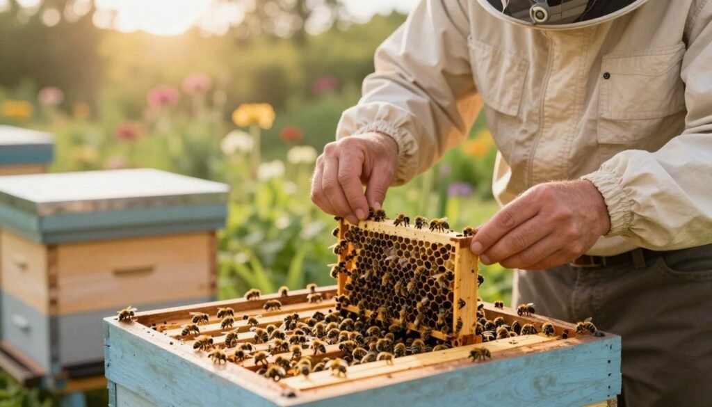 A serene outdoor setting depicting a beekeeper in professional attire, gently introducing a mated queen bee into a hive. In the foreground, focus on the beekeeper’s hands delicately holding a small cage with the queen inside, surrounded by worker bees. The middle ground features a well-structured beehive, with frames visible, showcasing bees in active but calm behavior. The background shows a lush garden with flowering plants and soft sunlight filtering through trees, creating a warm and inviting atmosphere. Use a shallow depth of field to emphasize the connection between the beekeeper and the queen bee, while the lighting is soft with a golden hour hue, conveying a feeling of hope and productivity for the colony’s winter preparation.