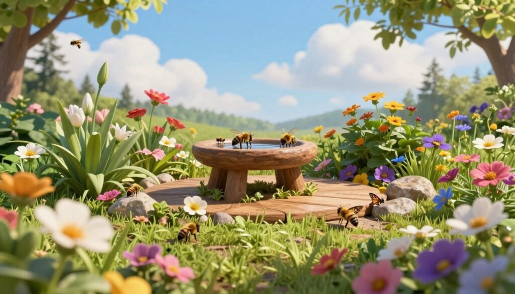 A serene outdoor setting depicting a meticulously designed pollinator landing zone. In the foreground, vibrant flowers in varied colors attract bees and butterflies, with soft petals glistening in the sunlight. The middle ground features a small, rustic wooden platform with a shallow water dish, surrounded by lush greenery and stones to provide safe perching spots for insects. In the background, a gentle gradient of blue sky mingles with fluffy white clouds, and faint silhouettes of distant trees create a tranquil atmosphere. The sunlight filters through the leaves, casting dappled shadows. The layout suggests harmony and safety, inviting pollinators to land and thrive. The image captures a peaceful ambiance, emphasizing ecological care and the importance of pollinators.