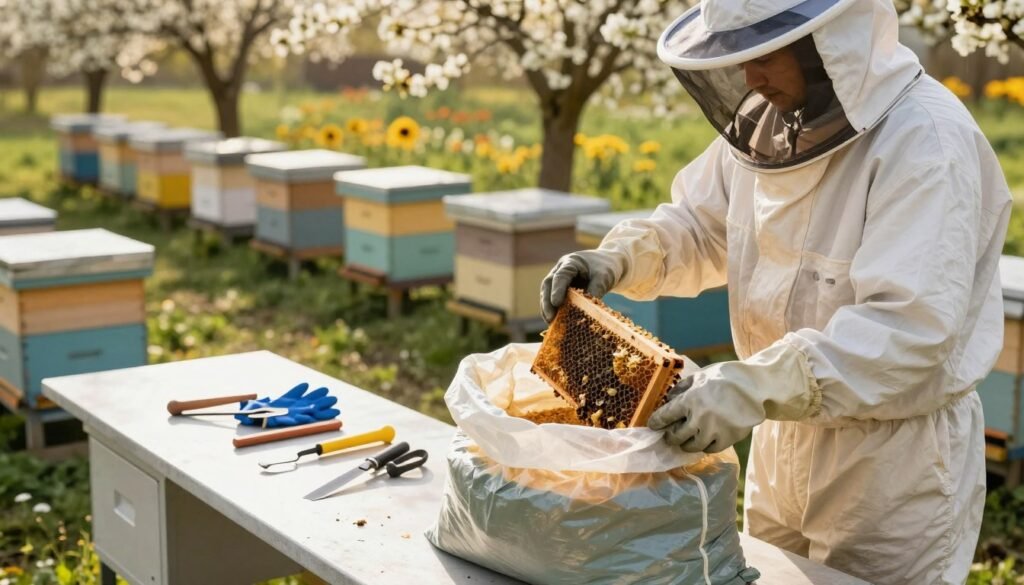 A serene outdoor setting depicting the safe disposal of infected beekeeping frames. In the foreground, a beekeeper in professional attire, wearing protective gear like a bee suit and gloves, carefully places infected combs into a sturdy, sealed disposal bag. The middle ground features a clean, organized workbench with tools like hive tools and gloves neatly arranged. Behind the scene, a well-maintained apiary is visible with healthy hives surrounded by blooming flowers, indicating a thriving environment for bees. The lighting is warm, suggesting a sunny afternoon, creating an atmosphere of diligence and care. The angle is slightly elevated, providing a clear view of the safety measures being implemented without any distractions or clutter in the background.
