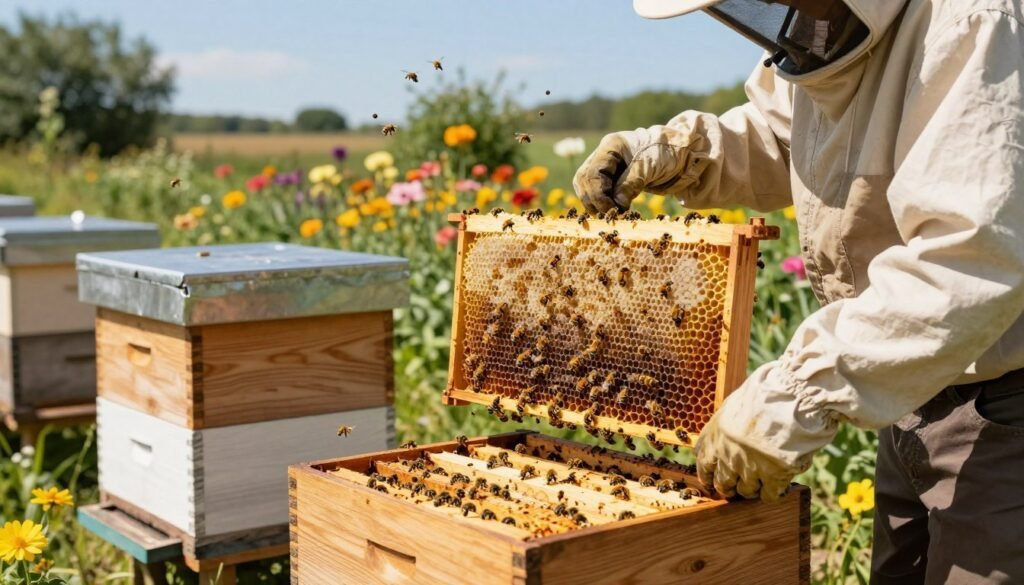 A serene outdoor setting depicting the transition from a nucleus colony (nuc) to a full hive. In the foreground, a beekeeper in modest casual clothing meticulously inspects the frames of the nuc, showcasing vibrant bees actively buzzing around. The middle ground features a traditional wooden hive, partially open, displaying radiant honeycomb frames. In the background, a lush garden blooms, teeming with colorful flowers that attract bees, under a bright, cheerful blue sky. The lighting is warm and inviting, suggesting a sunny day, with soft shadows cast by the hive and plants. Capture a sense of harmony and productivity, illustrating the nurturing process of beekeeping.