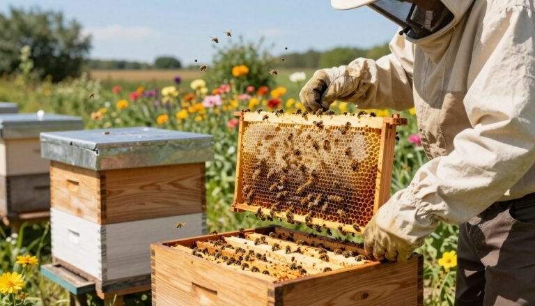 A serene outdoor setting depicting the transition from a nucleus colony (nuc) to a full hive