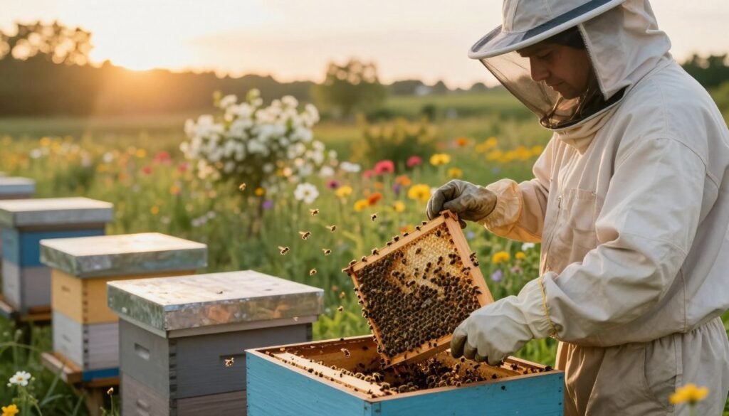 A serene outdoor setting during the golden hour, portraying a beekeeper in professional attire carefully inspecting a split queen nucleus hive. In the foreground, the beekeeper, wearing a protective suit and gloves, is gently holding a frame with bees, demonstrating the walk away split technique. The middle ground features several healthy nuc hives, with bees actively flying around them. The background showcases a lush, blooming garden with colorful wildflowers and a soft-focus horizon of trees, bathed in warm, golden sunlight. The atmosphere is calm and focused, evoking a sense of tranquility and professionalism in beekeeping. Capture this scene with a soft depth of field, highlighting the beekeeper and their actions while subtly blurring the background elements.