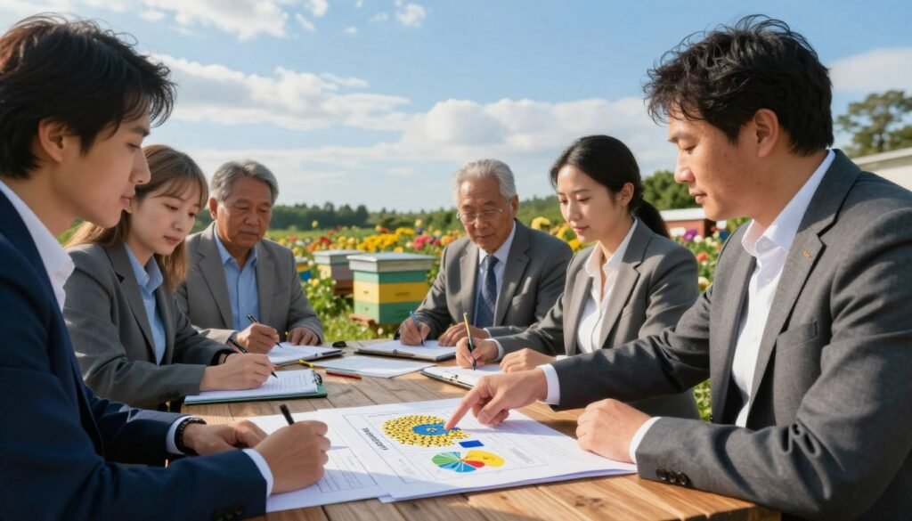 A serene outdoor setting featuring a diverse group of professional individuals in business attire discussing pollination agreements around a wooden table covered with documents and diagrams. In the foreground, a beekeeping expert points to a detailed chart illustrating colony strength grading, while others take notes. The middle ground showcases blooming flowers and hives, emphasizing the importance of pollination. In the background, a vibrant blue sky adds to the atmosphere of collaboration and positivity. The lighting is soft and natural, suggesting late afternoon sun, casting gentle shadows. Capture the mood of professionalism and teamwork, emphasizing best practices in agriculture and pollination management. A serene outdoor setting featuring a diverse group of professional individuals in business attire discussing pollination agreements around a wooden table covered with documents and diagrams. In the foreground, a beekeeping expert points to a detailed chart illustrating colony strength grading, while others take notes. The middle ground showcases blooming flowers and hives, emphasizing the importance of pollination. In the background, a vibrant blue sky adds to the atmosphere of collaboration and positivity. The lighting is soft and natural, suggesting late afternoon sun, casting gentle shadows. Capture the mood of professionalism and teamwork, emphasizing best practices in agriculture and pollination management.