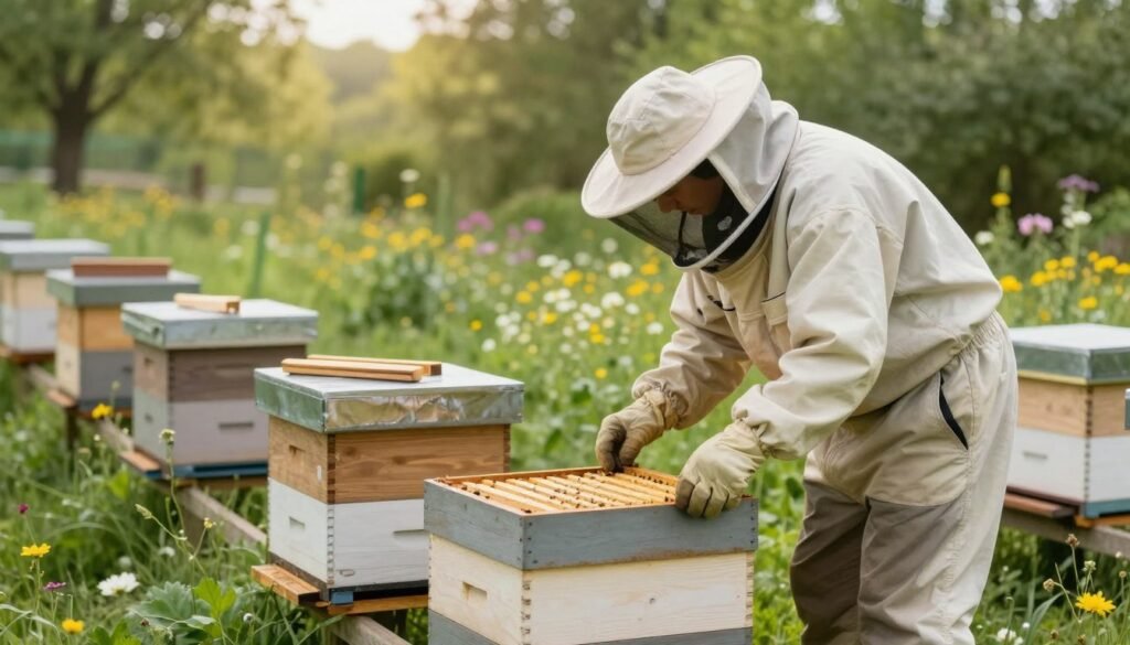 A serene outdoor setting focused on a beekeeper tending to a hive at the ideal ergonomic height. In the foreground, the beekeeper, dressed in a light, professional bee suit with a veil, bends slightly to inspect the hive, demonstrating proper posture. The middle layer showcases a well-designed hive stand at waist height, surrounded by wooden tools and carefully placed frames. In the background, lush greenery and blooming wildflowers enhance the calm atmosphere, with soft, natural sunlight filtering through the trees, creating gentle highlights. Use a wide-angle lens to capture the scene, ensuring a balanced composition that reflects the tranquility and purposefulness of beekeeping. The overall mood should be peaceful and focused, emphasizing the importance of ergonomic practices in beekeeping.