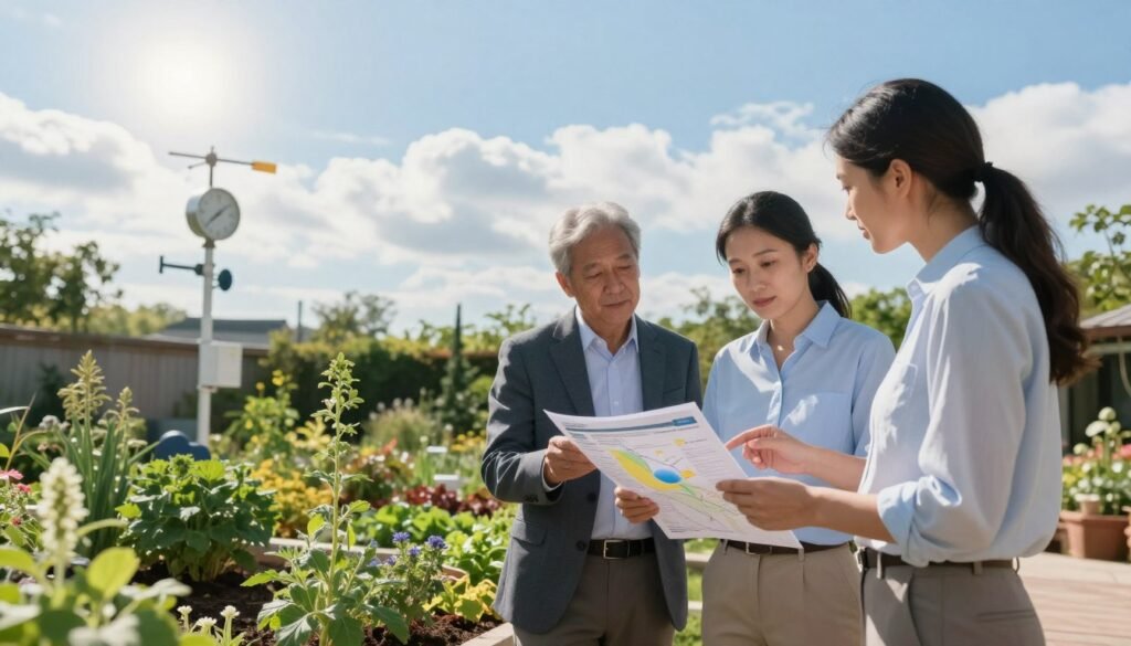 A serene outdoor setting illustrating the management of weather variables when using thymol treatment. In the foreground, a diverse group of three professionals dressed in smart casual attire, studying a weather chart and discussing strategies under a clear blue sky. The middle ground features a lush garden area, showcasing various plants and herbs that thrive in different weather conditions. The background includes a bright sun with soft clouds, casting gentle shadows, and a distant weather station with an anemometer and thermometer, suggesting a scientific approach to monitoring weather. The atmosphere is calm and focused, with soft natural lighting emphasizing the importance of weather management in treatments.