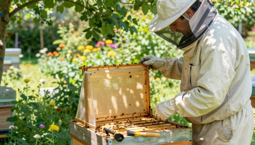 A serene outdoor setting showcasing a beekeeper in professional attire, carefully installing a robbing screen on a wooden beehive. In the foreground, the beekeeper is focused, with tools like a hive tool and brush laid out beside them. The middle ground features the partially installed robbing screen, emphasizing its design and functionality for protecting against robbing. Bright, natural light filters through the nearby trees, casting gentle shadows and illuminating the scene, creating an inviting atmosphere. The background includes a vibrant garden filled with flowering plants, signifying the importance of a healthy environment for the bees. The overall mood is calm and focused, capturing the meticulousness and care required in beekeeping. A serene outdoor setting showcasing a beekeeper in professional attire, carefully installing a robbing screen on a wooden beehive. In the foreground, the beekeeper is focused, with tools like a hive tool and brush laid out beside them. The middle ground features the partially installed robbing screen, emphasizing its design and functionality for protecting against robbing. Bright, natural light filters through the nearby trees, casting gentle shadows and illuminating the scene, creating an inviting atmosphere. The background includes a vibrant garden filled with flowering plants, signifying the importance of a healthy environment for the bees. The overall mood is calm and focused, capturing the meticulousness and care required in beekeeping.