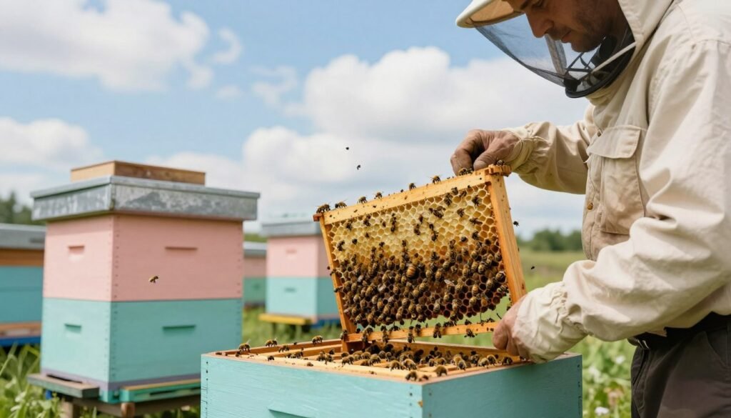 A serene outdoor setting showcasing a beekeeper in professional attire gently introducing a new queen bee into a vibrant beehive. In the foreground, the beekeeper carefully holds a small queen cage, with the queen bee visible inside surrounded by worker bees eagerly gathering around. The middle background features the beehive, painted in soft pastel colors, with bees buzzing actively around it, reflecting a sense of community and anticipation. In the background, a sunny blue sky with scattered fluffy clouds enhances the mood of a warm, productive day. The lighting is soft and natural, casting gentle shadows, and the image is composed from a slightly elevated angle, capturing both the beekeeper's focused expression and the lively hive activities.
