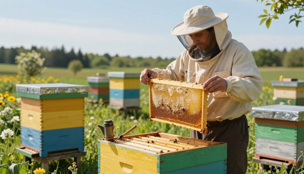 A serene outdoor setting showcasing a beekeeper in professional attire, standing next to a vibrant beehive surrounded by lush greenery. The beekeeper is intently examining a frame of honeycomb, sunlight glinting off the golden honey. In the foreground, tools for hive maintenance like a smoker and hive tool lie neatly organized. The middle ground features several hives, each distinctly painted, under a clear blue sky. A soft focus on blooming flowers adds depth and color. The background includes a distant forest line, creating a peaceful atmosphere. Warm, natural lighting casts gentle shadows, enhancing the tranquility of this moment, as the image conveys the importance of timing in hive care.