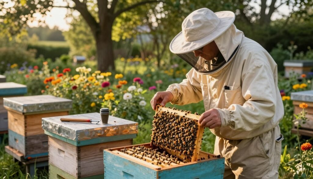 A serene outdoor setting showcasing a beekeeper inspecting a hive during the golden hour, where soft sunlight filters through the trees, casting gentle shadows on the ground. In the foreground, the beekeeper, dressed in a light-colored, professional beekeeper suit with a protective veil, is carefully examining frames filled with bees, showcasing their activity and health. The middle perspective highlights the wooden hive, adorned with colorful bee activity, and tools such as a hive tool and smoker resting beside it. In the background, a lush garden blooms, with vibrant flowers attracting more bees, creating a harmonious, nature-connected atmosphere. The overall mood is calm and focused, reflecting the meticulous nature of the inspection process.