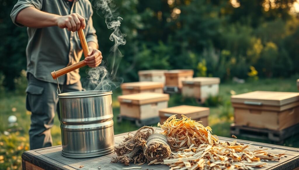 A serene outdoor setting showcasing a beekeeping smoker being carefully maintained. In the foreground, a focused beekeeper in modest casual clothing is adjusting the smoker, ensuring it's clean and ready for use. The smoker, made of stainless steel with a wooden handle, emits gentle wisps of smoke. In the middle ground, an assortment of smoker fuel, including pine needles, burlap, and cedar shavings, is arranged neatly. In the background, lush greenery and buzzing bee hives are visible, creating a tranquil beekeeping atmosphere. Soft, warm lighting casts a golden hue over the scene, capturing the essence of a calm day in the apiary. The angle is slightly elevated, providing a comprehensive view of the smoker and surrounding elements, while maintaining a focused and inviting mood. A serene outdoor setting showcasing a beekeeping smoker being carefully maintained. In the foreground, a focused beekeeper in modest casual clothing is adjusting the smoker, ensuring it's clean and ready for use. The smoker, made of stainless steel with a wooden handle, emits gentle wisps of smoke. In the middle ground, an assortment of smoker fuel, including pine needles, burlap, and cedar shavings, is arranged neatly. In the background, lush greenery and buzzing bee hives are visible, creating a tranquil beekeeping atmosphere. Soft, warm lighting casts a golden hue over the scene, capturing the essence of a calm day in the apiary. The angle is slightly elevated, providing a comprehensive view of the smoker and surrounding elements, while maintaining a focused and inviting mood.