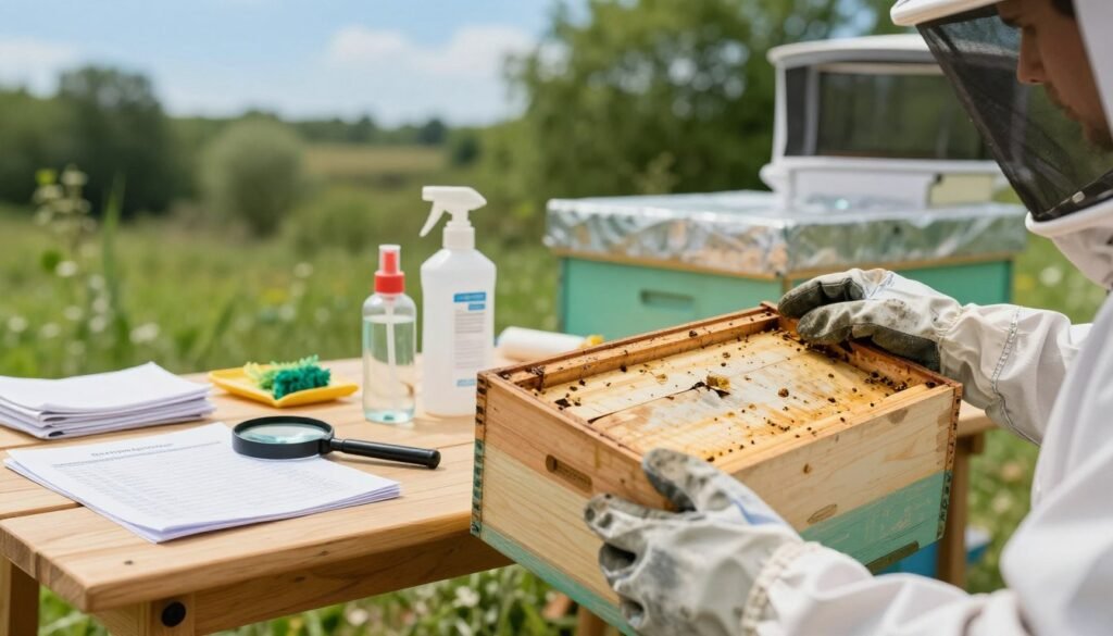 A serene outdoor setting showcasing a well-organized inspection area for secondhand beekeeping equipment. In the foreground, a pair of gloved hands carefully examining a used hive box, highlighting signs of wear and inspection points like cracks and residue. In the middle, an array of tools and essential inspection items, such as a magnifying glass, inspection checklist, and cleaning supplies, elegantly arranged on a wooden table. The background features lush greenery and a clear blue sky, creating a peaceful ambiance. The lighting is soft and natural, simulating a sunny afternoon. The overall mood is informative and professional, emphasizing the importance of thorough checks for safe beekeeping.