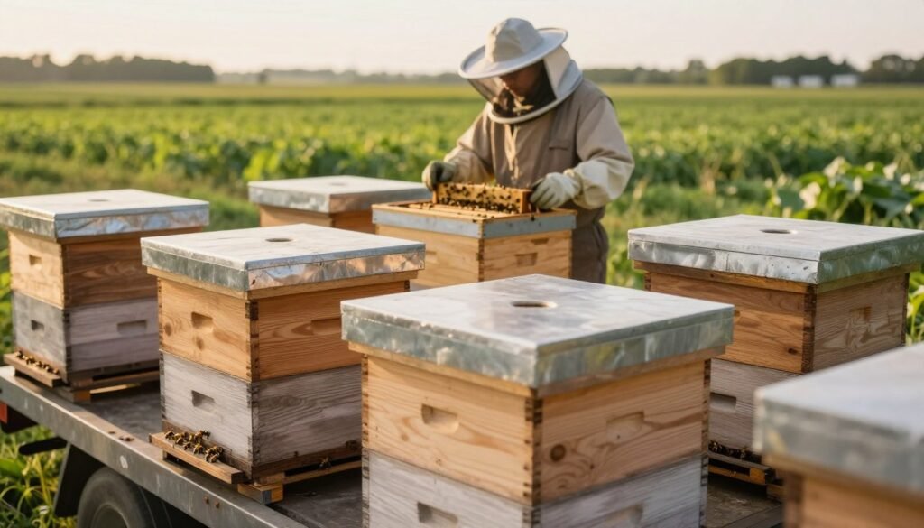 A serene outdoor setting showcasing bees safely transported in secure, well-ventilated wooden hives placed on a flatbed truck. In the foreground, a close-up view highlights the hives with a focus on their secure lids and ventilation holes, emphasizing safety compliance. The middle ground features a trained beekeeper in professional attire, inspecting the hives with care, ensuring everything is in order for transport. The background depicts lush agricultural fields, bathed in soft, golden sunlight, creating a peaceful atmosphere. The scene is captured from a slightly elevated angle to provide a comprehensive view of the setup, with warm, natural lighting to evoke a sense of reliability and professionalism. The overall mood is calm and organized, illustrating the importance of safety in the field of pollination transport.