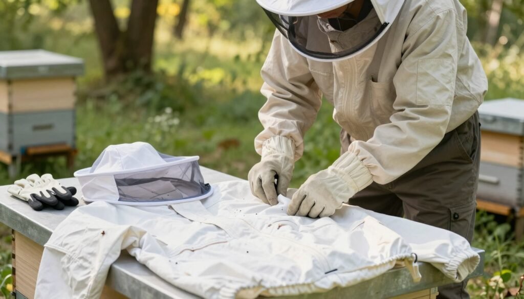 A serene outdoor setting showing a beekeeping suit preparation area. In the foreground, a neatly organized table with professional beekeeping gloves, a clean, white beekeeping suit, and a protective veil laid out meticulously. In the middle, a person wearing modest casual clothing—long sleeves and sturdy pants—carefully inspects the equipment, demonstrating attention to detail. Soft natural light filtering through the trees creates a warm and inviting atmosphere. In the background, lush greenery and a few beehives hint at the beekeeping environment. The scene conveys a sense of careful preparation and respect for safety, focusing on the essential steps before washing the suited attire after inspecting for diseases. The angle captures both the foreground actions and the peaceful setting harmoniously.