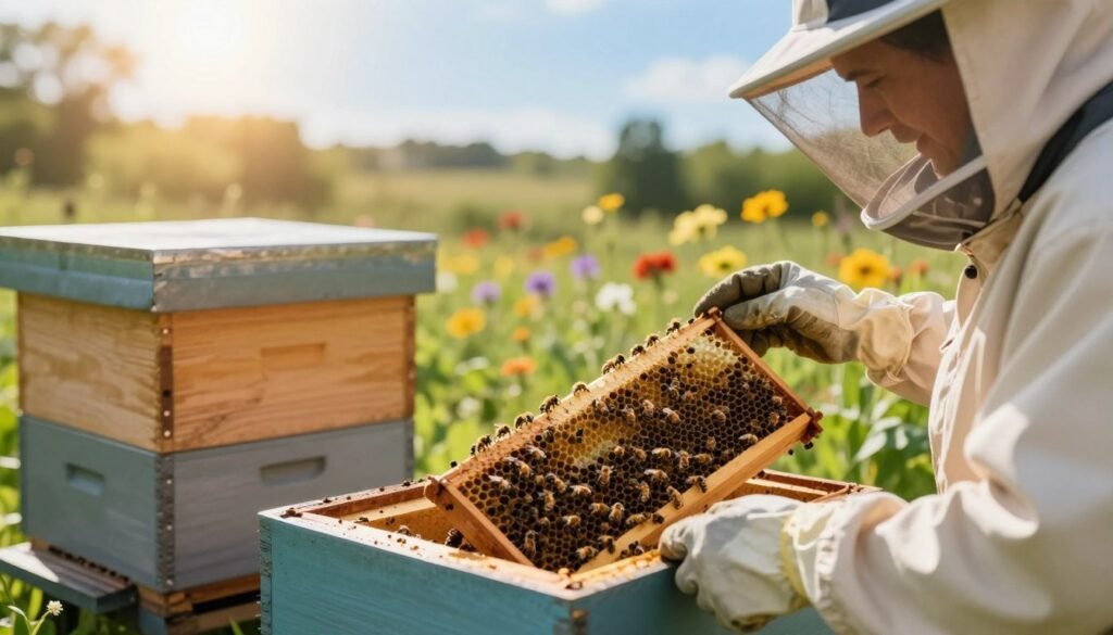 A serene outdoor setting showing two small beehive nucs, one on the left and one on the right, partially open to reveal healthy frames filled with bees, symbolizing the process of combining them. In the foreground, a well-organized beekeeper wearing professional attire, including gloves and a veil, carefully examines the frames, illustrating the theme of safety. The sun is shining brightly, casting warm light on the scene, with soft, focused shadows that create a calm atmosphere. In the background, vibrant flowers and greenery provide a natural habitat for bees, while a blue sky enhances the peaceful vibe. A close-up perspective emphasizes the details of the beehive frames and the beekeeper’s careful examination, creating a mood of cautious optimism. A serene outdoor setting showing two small beehive nucs, one on the left and one on the right, partially open to reveal healthy frames filled with bees, symbolizing the process of combining them. In the foreground, a well-organized beekeeper wearing professional attire, including gloves and a veil, carefully examines the frames, illustrating the theme of safety. The sun is shining brightly, casting warm light on the scene, with soft, focused shadows that create a calm atmosphere. In the background, vibrant flowers and greenery provide a natural habitat for bees, while a blue sky enhances the peaceful vibe. A close-up perspective emphasizes the details of the beehive frames and the beekeeper’s careful examination, creating a mood of cautious optimism.