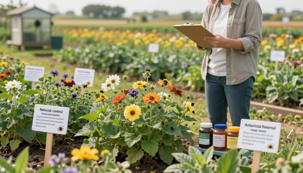 A serene pollination yard depicting effective integrated pest management strategies. In the foreground, a diverse array of healthy flowering plants attracting pollinators, surrounded by clear signage indicating natural pest control methods, such as beneficial insects. In the middle, a knowledgeable person in modest casual clothing inspects plants, using a clipboard to assess pest activity, with a few jars of organic pesticides placed strategically nearby. The background showcases a vibrant landscape with rows of crops and a distant bee sanctuary. The atmosphere is bright and optimistic, with soft, natural lighting reminiscent of a warm afternoon. The lens captures a slight depth of field, focusing on the plants and the person, conveying a sense of diligent care and innovation in sustainable agriculture.