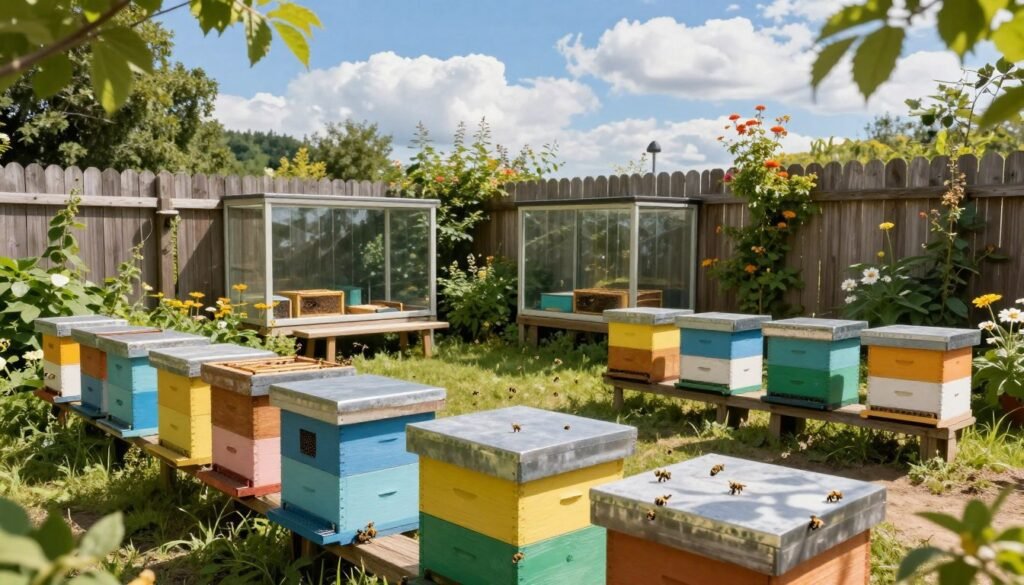 A serene quarantine yard for bees, enclosed by a tall wooden fence adorned with flowering plants, creating a lush and vibrant environment. In the foreground, several beehives painted in cheerful colors, each equipped with ventilation screens, are organized neatly on raised platforms. Honey bees are gently buzzing around, showcasing their activity. In the middle ground, there are a few glass observation panels allowing a clear view of the hives' interiors, surrounded by small benches for observing without disturbing the bees. The background features a bright blue sky with fluffy white clouds and distant trees, creating a peaceful atmosphere. Soft sunlight filters through the leaves, casting dappled shadows on the ground, emphasizing a sense of tranquility and care for the bees.