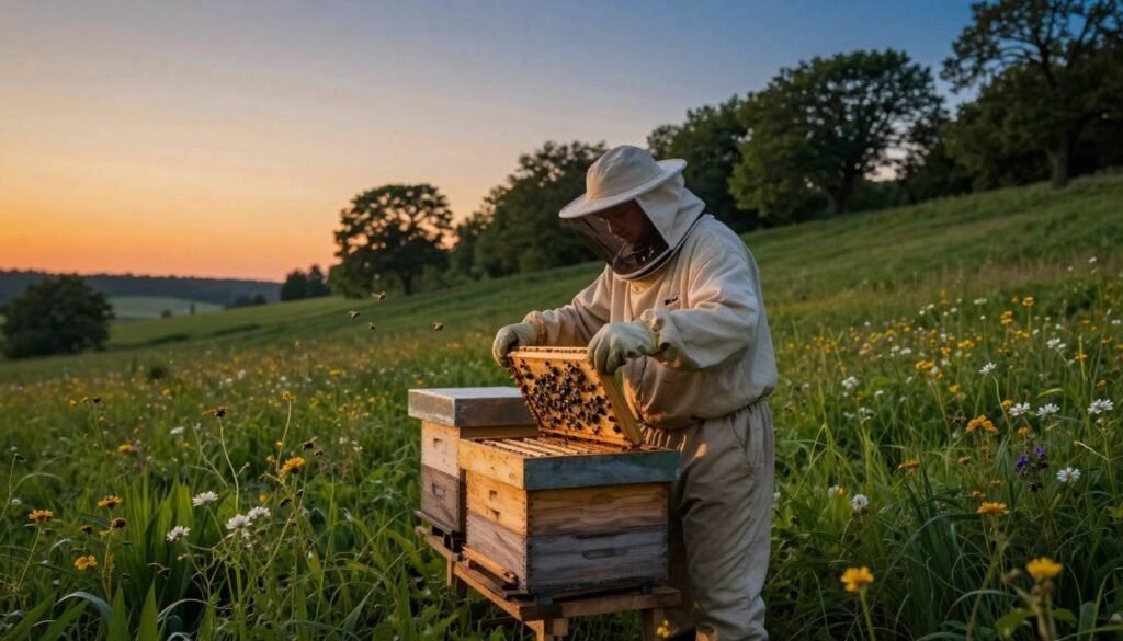 A serene rural landscape at dusk showcasing a beekeeper placing a new hive colony on a wooden stand. In the foreground, the beekeeper, dressed in a light-colored, modest bee suit and protective veil, carefully positions the hive with attention to detail. The middle ground features a lush green meadow dotted with wildflowers, while a few bees hover nearby, excited by their new home. The background displays a gentle slope with mature trees and a brightening sky transitioning from orange to deep blue, enhancing the peaceful atmosphere. Soft, golden lighting casts a warm glow over the scene, suggesting the calmness of nature and new beginnings, captured with a wide-angle lens for an immersive perspective.