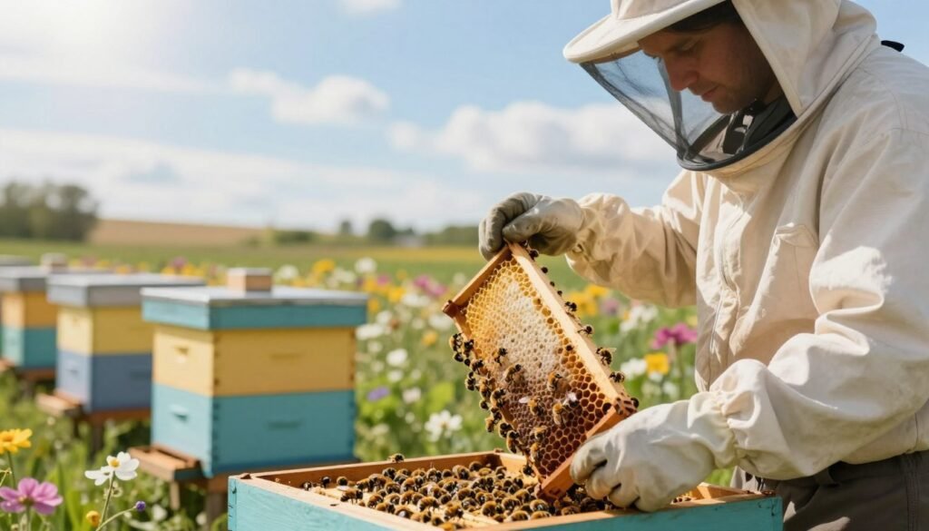 A serene scene depicting a beekeeper gently separating worker bees from a new queen in a well-maintained apiary. In the foreground, the beekeeper, dressed in a professional bee suit with a veil and gloves, holds a frame of honeycomb with worker bees clustered around it. The middle ground features a vibrant hive, painted in soft colors, surrounded by blooming flowers. In the background, a clear blue sky with wispy clouds creates a peaceful atmosphere, while sunlight filters through, casting a warm glow on the scene. The focus is on the delicate interaction between the beekeeper and the bees, emphasizing gentleness and care. Capture the moment with a soft depth of field to highlight the bees while slightly blurring the background, adding to the tranquil mood.