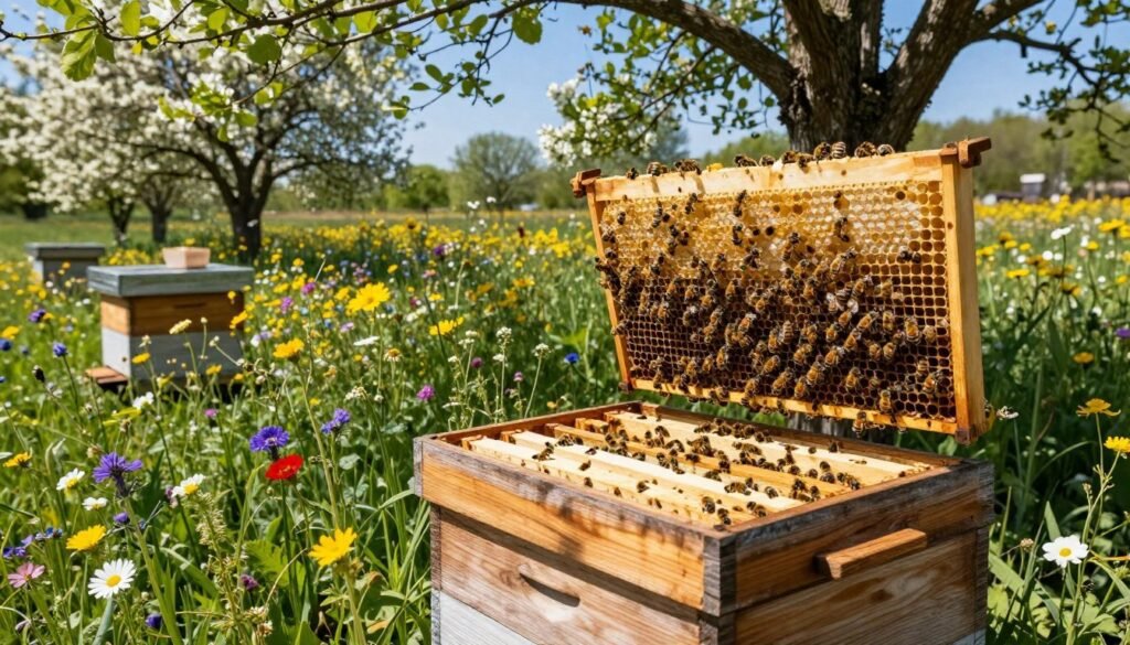 A serene scene depicting a gradual shift hive set in a lush, blooming landscape. In the foreground, a well-maintained, wooden beehive sits open, revealing busy bees slowly transitioning into new frames. In the middle ground, a diverse array of wildflowers in vibrant colors attracts pollinators, creating an atmosphere of harmony and activity. Gentle sunlight filters through the leaves of nearby trees, casting dappled shadows on the ground, enhancing the tranquil yet industrious vibe. In the background, a clear blue sky suggests a perfect day for pollination. The angle is slightly elevated, providing a natural perspective on the hive and emphasizing the importance of the gradual shift method in beekeeping. The mood is calm and optimistic, highlighting the significance of safe migratory practices for bees.