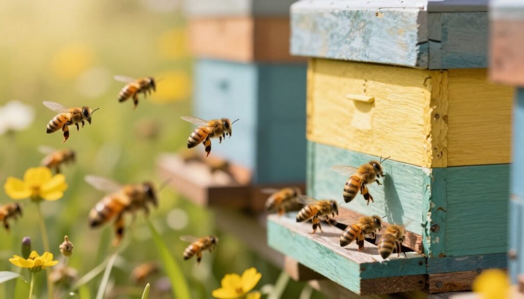 A serene scene depicting a group of honeybees engaged in orientation flights around a vibrant beehive, nestled among blooming flowers in a sunlit meadow. In the foreground, focus on bees in mid-flight, showcasing their delicate wings and detailed bodies as they navigate through the air. The middle ground features a close-up view of the beehive, intricately designed, with bees entering and exiting, emphasizing their role in hive familiarization. The background reveals a softly blurred landscape of flowers and greenery, bathed in warm, golden sunlight. The atmosphere should feel lively and natural, illustrating the essential behaviors of virgin queen bees preparing for mating. Use soft natural lighting to enhance the peaceful and busy mood of this essential phase in their lifecycle.