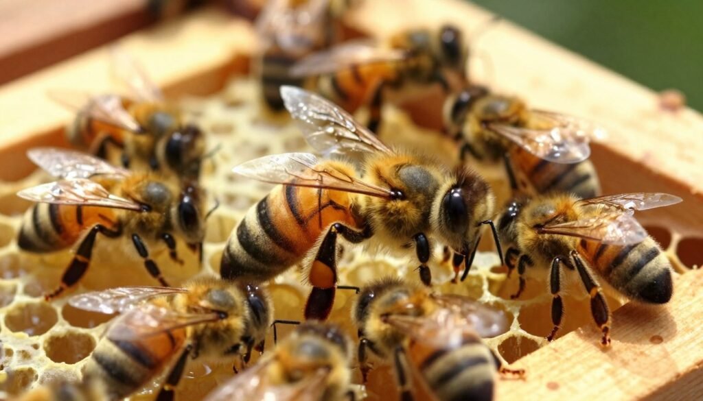 A serene scene depicting a healthy queen bee in a close-up view, surrounded by a cluster of attentive worker bees in a vibrant beehive. The foreground features the queen with her elongated abdomen, delicately marked with golden hues, exuding vibrancy and vitality. In the middle ground, worker bees are gently tending to her, showcasing their busy yet harmonious relationship. The background reveals wooden hive frames adorned with honeycomb, softly illuminated by warm sunlight filtering through the hive entrance. The lighting is bright yet soft, evoking a sense of health and well-being. The mood is calm and nurturing, embodying the best practices for maintaining queen health during treatment, with natural details that reflect the richness of hive life.