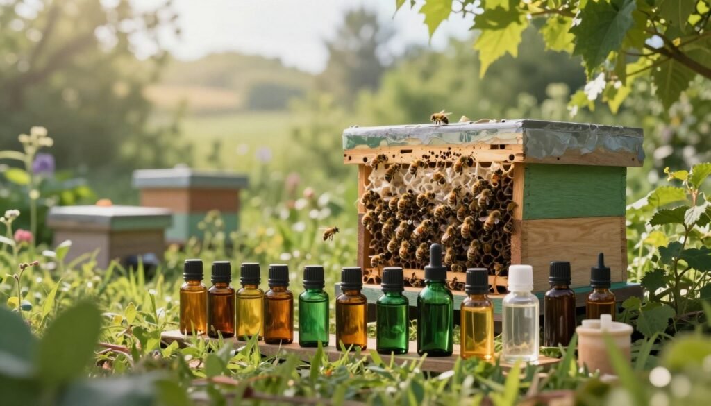 A serene scene depicting a hive surrounded by lush green vegetation under soft, diffused morning light. In the foreground, a beautifully arranged set of essential oil bottles, showcasing a variety of colors like amber, deep green, and clear glass, are arranged elegantly. The middle ground features a well-maintained beehive with bees gently buzzing around, emphasizing the harmonious interaction between nature and the oils. In the background, the landscape is softly blurred, suggesting a peaceful garden setting. The atmosphere is calming and vibrant, reflecting vitality and wellness, with gentle rays of sunlight penetrating through leaves, creating a warm and inviting feel.