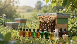 A serene scene depicting a hive surrounded by lush green vegetation under soft, diffused morning light