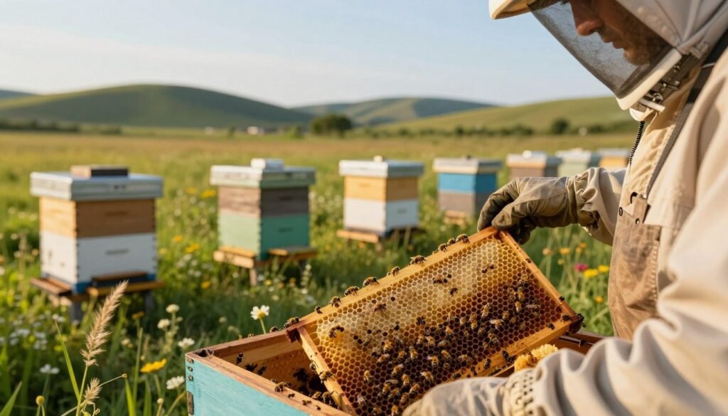 A serene scene depicting a long-term monitoring honey bee colony setup in a migratory beekeeping environment. In the foreground, a beekeeper in modest professional attire inspects a honeycomb frame, closely examining the bees for health indicators. In the middle ground, several beehives are arranged neatly in a sunlit, picturesque meadow, surrounded by wildflowers and gently swaying grasses. In the background, soft rolling hills and a clear blue sky enhance the tranquil atmosphere. The lighting is warm and golden, suggesting late afternoon sun, casting gentle shadows. A macro perspective emphasizes the intricate details of the bees and honeycomb while capturing the peaceful coexistence of nature and beekeeping, reflecting the ongoing commitment to monitoring colony health.