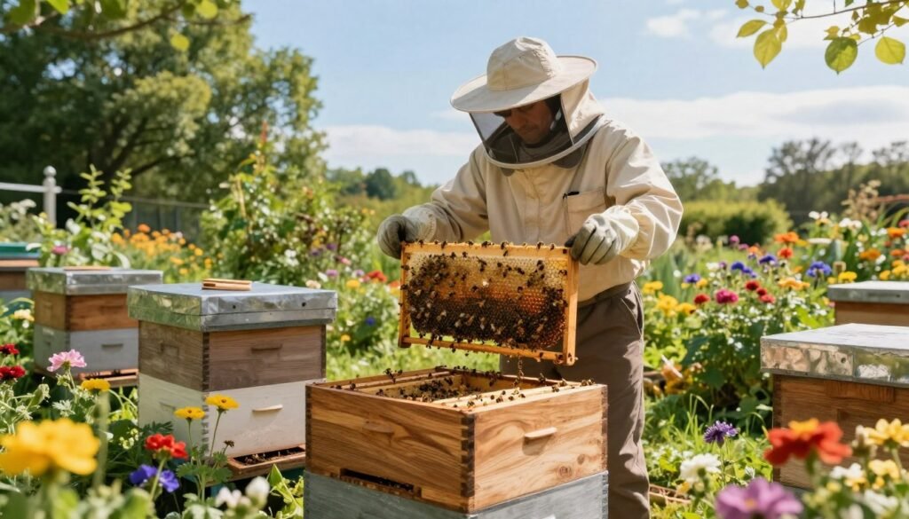 A serene scene depicting a newly installed beehive, showcasing the intricately designed wooden hive nestled in a vibrant garden. In the foreground, the hive is adorned with colorful flowers and bees actively foraging. In the middle, a beekeeper in professional attire carefully inspects the hive, wearing protective gear and gloves, ensuring the well-being of the bees. The background features a lush landscape with trees and a clear blue sky, allowing sunlight to filter through, illuminating the moment with a warm glow. The atmosphere feels calm and nurturing, reflecting a sense of care and dedication to the post-installation process. The composition is framed using a gentle angle to emphasize the hive and the beekeeper’s attentive actions, creating a harmonious balance. A serene scene depicting a newly installed beehive, showcasing the intricately designed wooden hive nestled in a vibrant garden. In the foreground, the hive is adorned with colorful flowers and bees actively foraging. In the middle, a beekeeper in professional attire carefully inspects the hive, wearing protective gear and gloves, ensuring the well-being of the bees. The background features a lush landscape with trees and a clear blue sky, allowing sunlight to filter through, illuminating the moment with a warm glow. The atmosphere feels calm and nurturing, reflecting a sense of care and dedication to the post-installation process. The composition is framed using a gentle angle to emphasize the hive and the beekeeper’s attentive actions, creating a harmonious balance.