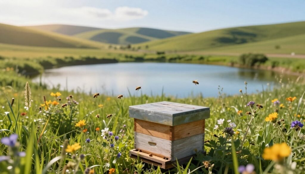 A serene scene depicting a queen reservoir in a lush green landscape. In the foreground, a meticulously maintained beehive surrounded by flowering plants, with bees actively flying around, creating a sense of tranquility and activity. In the middle ground, the shimmering surface of the reservoir reflects the clear blue sky, framed by tall grasses and vibrant wildflowers, enhancing the natural setting. The background features gentle rolling hills under soft golden sunlight, giving a warm and inviting atmosphere. The image should be captured with a shallow depth of field, emphasizing the beehive and the reservoir while creating a soft blur on the distant hills. Overall, convey a peaceful and harmonious mood, highlighting the importance of natural environments for beekeeping.