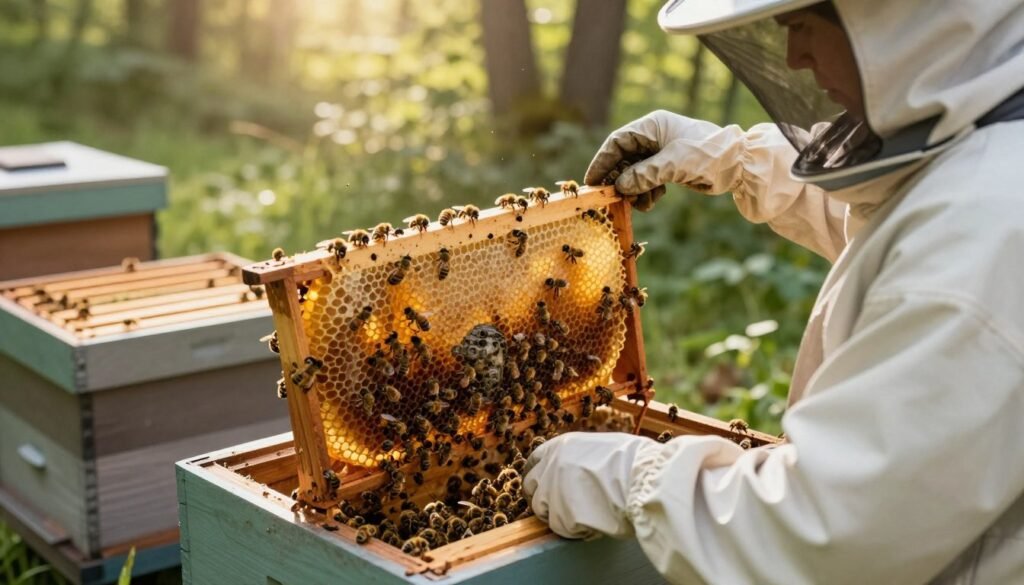 A serene scene depicting the introduction of a new queen bee in a hive. In the foreground, a beekeeper, dressed in professional attire with a protective suit and gloves, carefully holds a queen bee cage with the new queen inside, surrounded by attentive worker bees. The middle ground features the intricate wooden frames of a beehive, bustling with activity as bees build honeycomb and care for larvae. In the background, soft natural light filters through the forest canopy, casting a warm glow that highlights the golden hue of the honeycomb. The atmosphere is peaceful yet dynamic, reflecting the harmony of nature and the importance of this significant event in the beekeeping process. Capture this image from a slightly elevated angle to provide a comprehensive view of the hive dynamics.