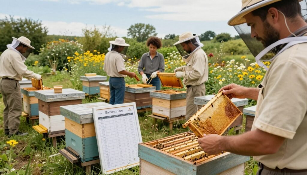 A serene scene depicting the monitoring of honey production in a small apiary. In the foreground, a diverse group of professionals in modest casual clothing examines honey frames, with bees buzzing around. The middle ground features neatly organized beehives, each labeled, as a chart displaying honey yield data leans against one hive. In the background, a lush garden filled with wildflowers provides an idyllic backdrop, under a clear blue sky. Soft, natural lighting creates a warm atmosphere, enhancing the scene's productivity and diligence. Shot from a slightly elevated angle to capture the entire apiary, the image conveys a sense of harmony between nature and beekeeping practices. A serene scene depicting the monitoring of honey production in a small apiary. In the foreground, a diverse group of professionals in modest casual clothing examines honey frames, with bees buzzing around. The middle ground features neatly organized beehives, each labeled, as a chart displaying honey yield data leans against one hive. In the background, a lush garden filled with wildflowers provides an idyllic backdrop, under a clear blue sky. Soft, natural lighting creates a warm atmosphere, enhancing the scene's productivity and diligence. Shot from a slightly elevated angle to capture the entire apiary, the image conveys a sense of harmony between nature and beekeeping practices.